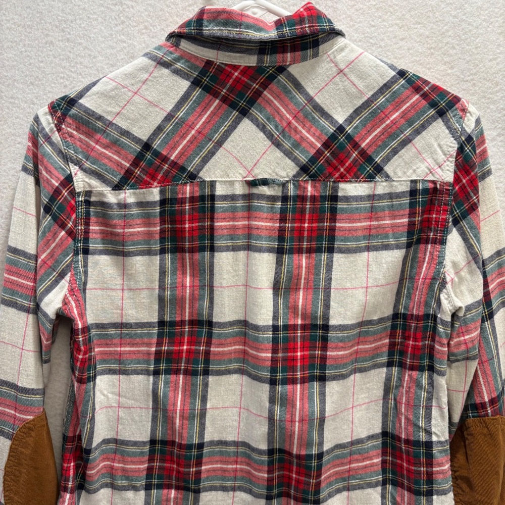 LOGG H&M Womens 8 Red Plaid Flannel Button Down Shirt Corduroy Patches Preppy - Picture 8 of 10